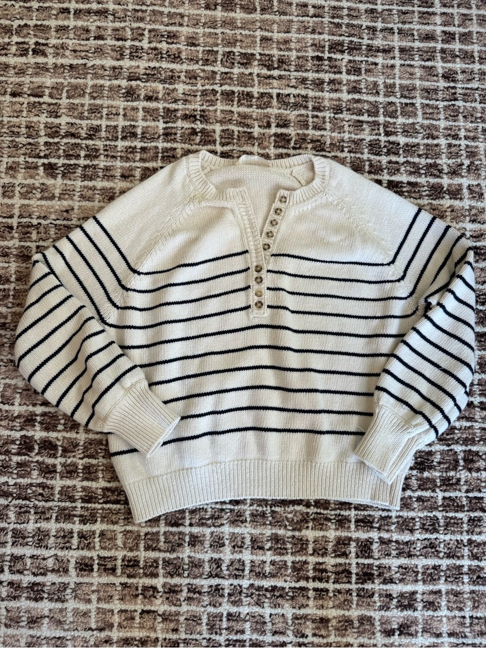LA MAILLE
SEZANE Cropped Cream Striped Henley Sweater - Black Stripe